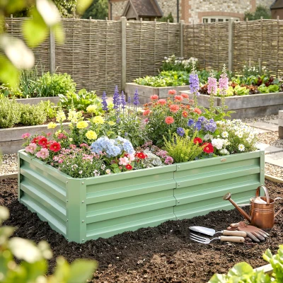 Outsunny Galvanised Raised Garden Beds for Herbs & Veg Green