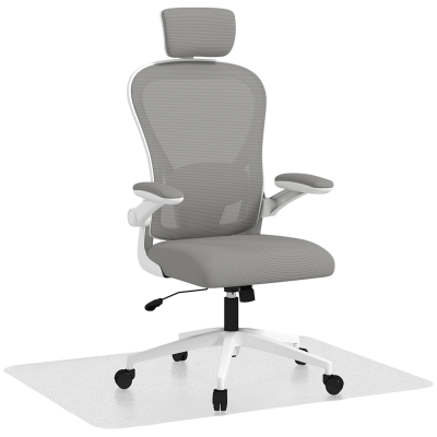 HOMCOM Conjunto de Cadeira de Escritório com Altura Ajustável Apoio de Cabeça e Suporte Lombar Ajustáveis Cinzento e 1 Tapete Protetor 90x120 cm Transparente