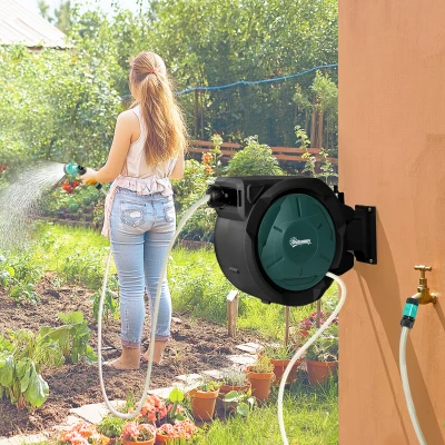Outsunny Wall-Mounted Hose Reel 30+2m Auto Rewind Green