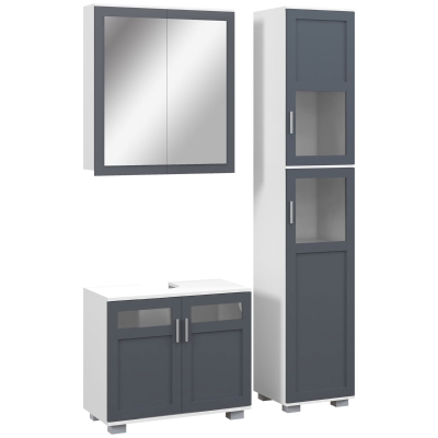 Kleankin Conjunto de Coluna de Casa de Banho Armário com Espelho e Móvel para Lavatório com Portas de Vidro Branco e Cinza