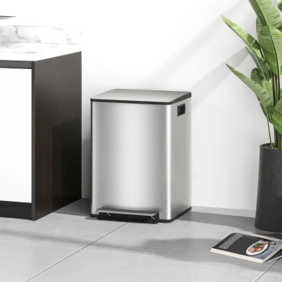 HOMCOM Mülleimer mit 2x20L Fächern, Soft-Close-Deckel, Fingerabdrucksicher, Edelstahl, Silber