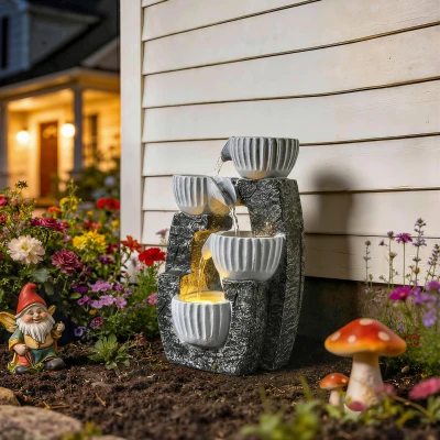 Outsunny 4-Tier Resin Water Fountain with Pump & LED Lights