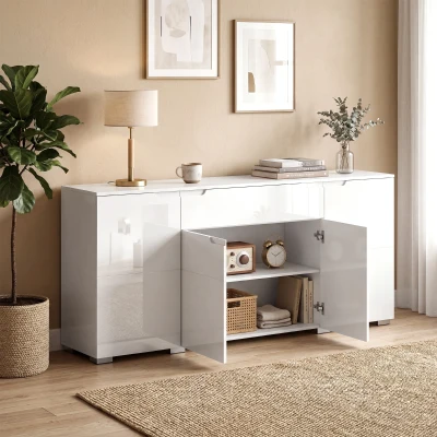 HOMCOM Aparador alto brillo, aparador buffet moderno con 4 puertas y baldas ajustables, mueble con cierre suave, blanco