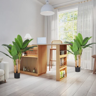 HOMCOM Conjunto de 2 Plantas Artificiais Ø17x120 cm Bananeiras Atificiais com Vaso e 15 Folhas Plantas Artificiais Decorativas Verde