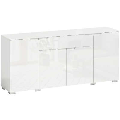 HOMCOM Aparador alto brillo, aparador buffet moderno con 4 puertas y baldas ajustables, mueble con cierre suave, blanco