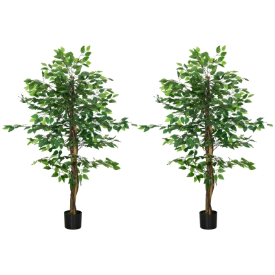 HOMCOM Conjunto de 2 Ficus Artificiais com Troncos Naturais 150 cm Plantas Artificiais com Vaso e 882 Folhas Verde