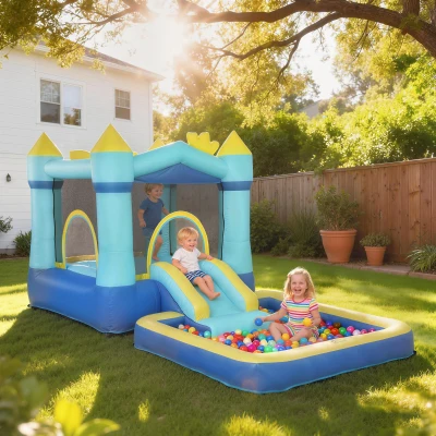 AIYAPLAY Castillo Hinchable para Niños con Soplador Tobogán Cama Elástica Piscina y Aro de Baloncesto para Niños 3-8 Años Azul
