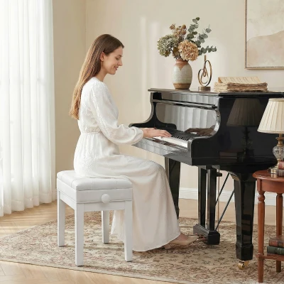 HOMCOM Klavierbank Hocker Sitz mit integriertem Stauraum höhenverstellbar Hevea-Holz Sitz mit synthetischem Bezug weiß