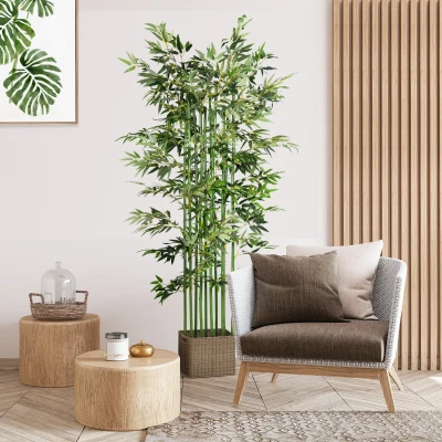 HOMCOM Conjunto de 2 Plantas Artificiais em Vaso de Madeira de Pinho 180cm Bambus Artificiais com 1640 Folhas Realistas 35x10x180 cm Verde