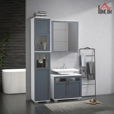 Kleankin Conjunto de Coluna de Casa de Banho Armário com Espelho e Móvel para Lavatório com Portas de Vidro Branco e Cinza
