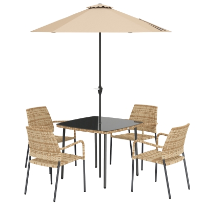 Outsunny Rattan Dining Set 4 Seater Glass Table Parasol Garden