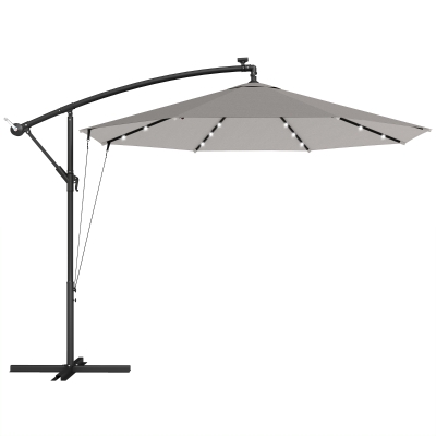 Outsunny Cantilever Parasol w/LED Lights & Base Light Grey