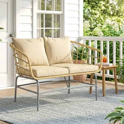 Outsunny Sofá de Jardín 2 Plazas en Resina Trenzada Cojines Gruesos Antideslizantes 120 x 67 x 79 cm Marrón