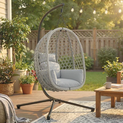 Outsunny Rattan Egg Swing Chair with Stand Foldable Light Grey