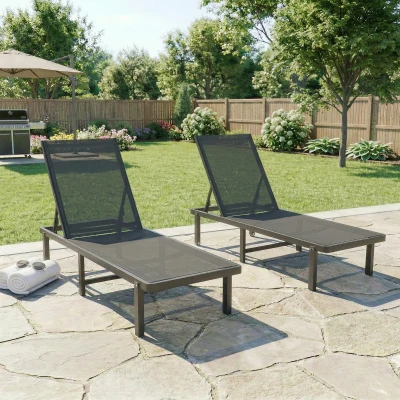 Outsunny Conjunto de 2 Tumbonas Reclinables con Ruedas Respaldo Ajustable 4 Niveles Estructura de Aluminio Tela Textilene Gris