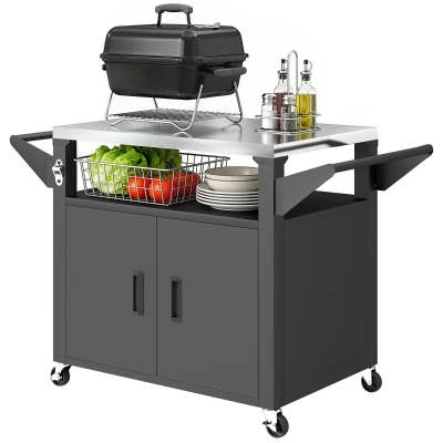 Outsunny Desserte Jardin Chariot Barbecue avec Plan de Travail Inox Étagère Coulissante Armoire de Rangement 117x55x78cm Noir