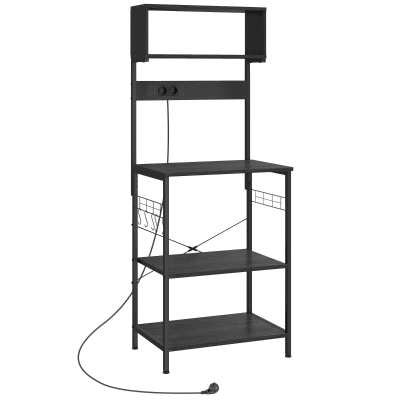 HOMCOM Estantería de Cocina con Multienchufe para Microondas con Baldas y Ganchos Estilo Industrial, Madera y Acero, Negro