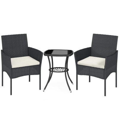 Outsunny Rattan Bistro Set 3 Piece Glass Table Cream White