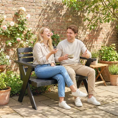 Outsunny 2-Seater Wooden Garden Bench with Armrest Black