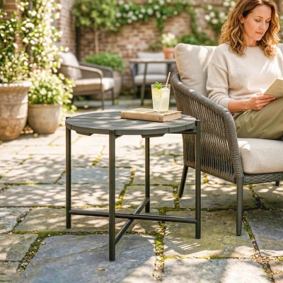 Outsunny Round Outdoor Side Table Wood Top Metal Dark Grey