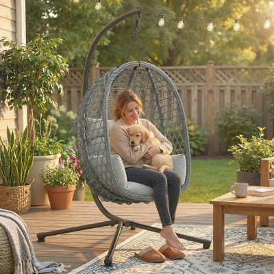 Outsunny Rattan Egg Swing Chair with Stand Foldable Dark Grey