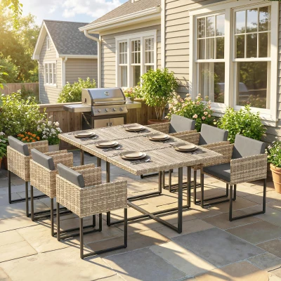 Outsunny 7 Piece Rattan Dining Set Wood Table Stackable Chairs Brown