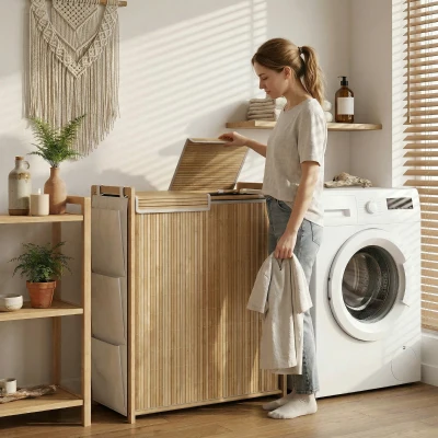 HOMCOM Coș de rufe din bambus cu capac 120 L cu 2 pungi cu șnur detașabile și lavabile buzunare laterale natural