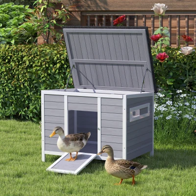 PawHut Eendenhok waterbestendig eendenhuis van hout met uitneembare bodem schuifvenster opklapbaar asfaltdak 93x70x72cm Grijs
