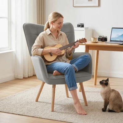 HOMCOM Velvet-Touch Tufted Wingback Chair Grey