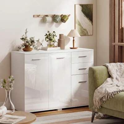 HOMCOM Modern Sideboard Cabinet 2 Drawers 3 Doors High Gloss White