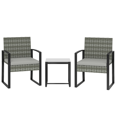 Outsunny Rattan Bistroset, 3 teiliges Gartenmöbel-Set mit 2 Gartenstühlen, Couchtisch, abnehmbar Kissen Hellgrau