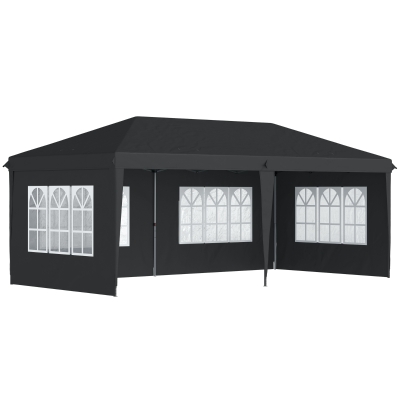Outsunny Pavillon ca. 3x6m Wasserdicht Pop-up Faltpavillon mit 4 Seitenwänden, Fenster UV-Schutz Tragetasche Schwarz