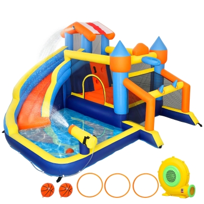 AIYAPLAY Castillo Hinchable Acuático 8 en 1 con Soplador 550W Tobogán Trampolín Escalada Piscina Portería Canasta Lanzamiento