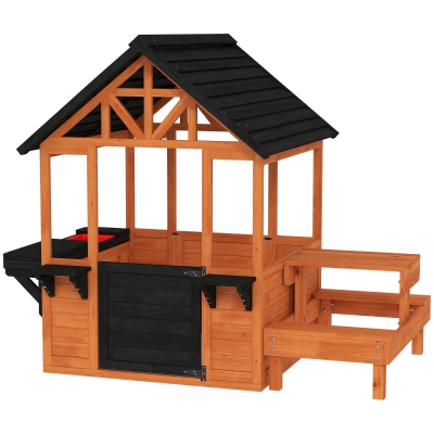 AIYAPLAY Wooden Kids Playhouse with Table & Benches Brown