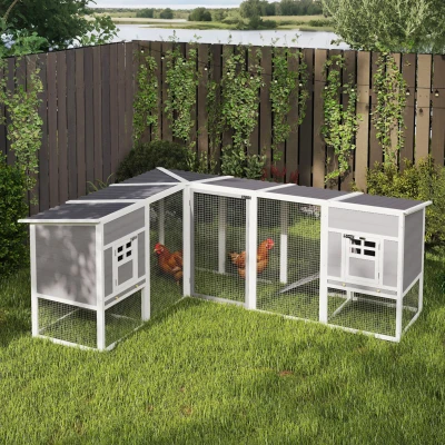 PawHut Hühnerstall L-förmiges Hühnerhaus aus Holz mit 2 Häusern, 2 Ebenen, Auslauf, Rampe, 251 x 192 x 103 cm Grau