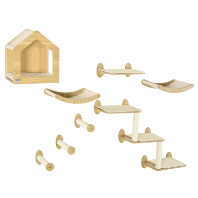 PawHut Cat Shelves Set with House, Perches, Scratching Posts