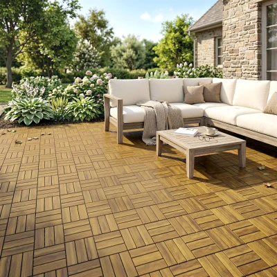 Outsunny Conjunto de 10 Estrados de Madeira de Acácia para Exterior 31x31 cm, 0,91 m² Estrado para Terraço Antiderrapantes Madeira