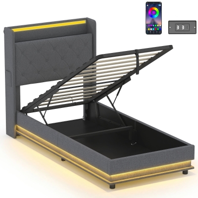 HOMCOM Single Bed Frame Hydraulic Storage LED Grey 3ft