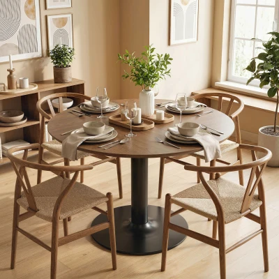 HOMCOM Runder Esstisch für 6 Personen, 110 cm Moderner Küchentisch mit Sockel für Wohnzimmer, Braun Holzmaserung