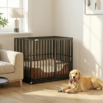 PawHut Heavy-Duty Metal Dog Crate with Wheels Black