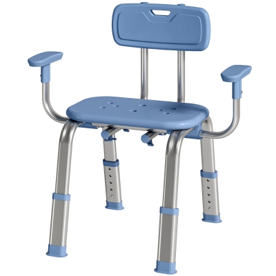 HOMCOM Tabouret Douche Ergonomique Dossier Accoudoirs Réglable Bleu