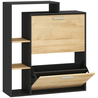 HOMCOM Móvel Porta-sapatos: 2 Gavetas Basculantes, Prateleiras, Preto e Madeira Natural.