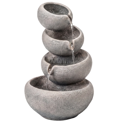 Outsunny Springbrunnen Outdoor aus Kunstharz 4-stufig Gartenbrunnen mit LED Beleuchtung Pumpe Steinoptik 35 x 32 x 50 cm