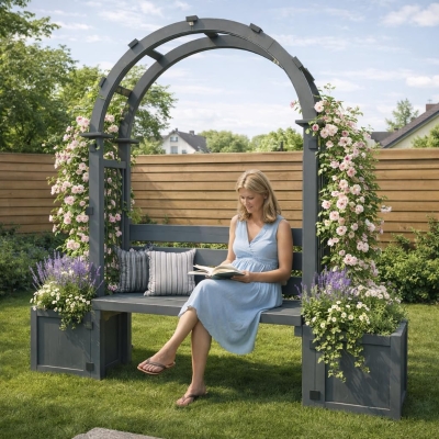 Pergola-Bank mit Pflanzkästen und geschwungenem Rankgitter, dreifach-Funktion: Sitzbank, Pflanzkübel und Rankhilfe, 160 x 30,5 x 160 cm, Grau