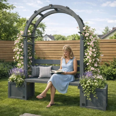 Pergola-Bank mit Pflanzkästen und geschwungenem Rankgitter, dreifach-Funktion: Sitzbank, Pflanzkübel und Rankhilfe, 160 x 30,5 x 160 cm, Grau