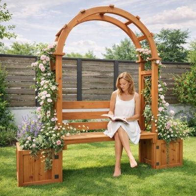 Pergola-Bank mit Pflanzkästen und geschwungenem Rankgitter, dreifach-Funktion: Sitzbank, Pflanzkübel und Rankhilfe, 160 x 30,5 x 160 cm, Naturfarbe