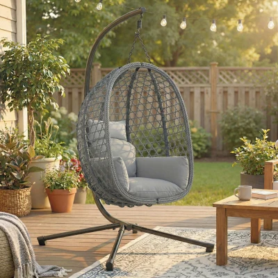 Outsunny Rattan Egg Swing Chair with Stand Foldable Dark Grey