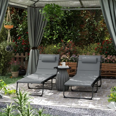 Outsunny 2er Set Sonnenliege klappbar Gartenliege mit Kopfkissen 5-Fach höhenverstellbarer Rückenlehne Seitentasche Dunkelgrau