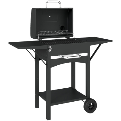 Outsunny Holzkohlegrill mit Deckel, BBQ Smoker Grill mit 2 Seitentischen Große Grillfläche Grillrost Thermometer Räder