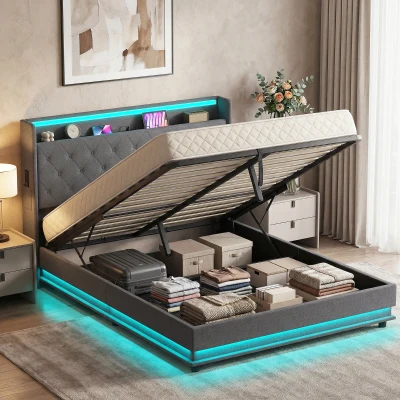 HOMCOM King Bed Frame Hydraulic Storage LED Charging Grey 5ft